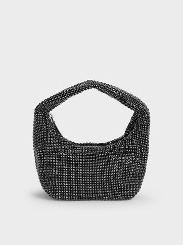 Crystal-Embellished Hobo Bag, Noir, hi-res