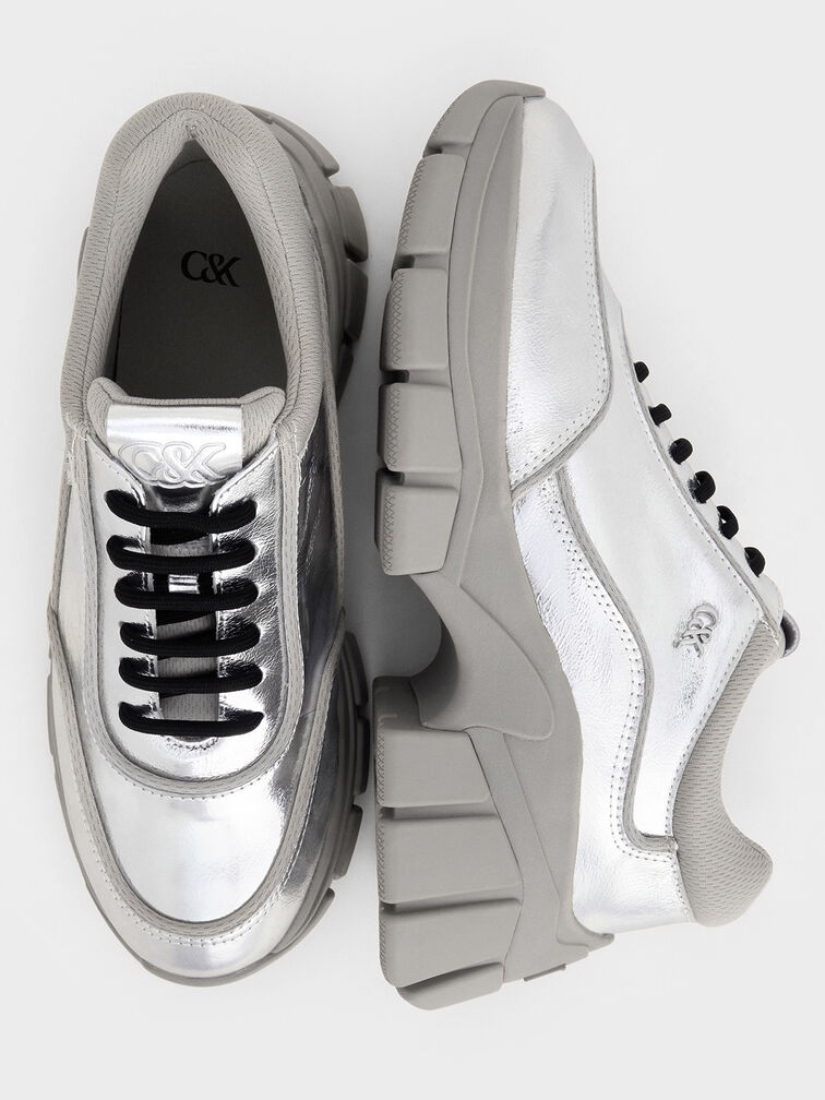 Yunna Metallic Leather & Recycled Fabric Chunky Sneakers, Silver, hi-res