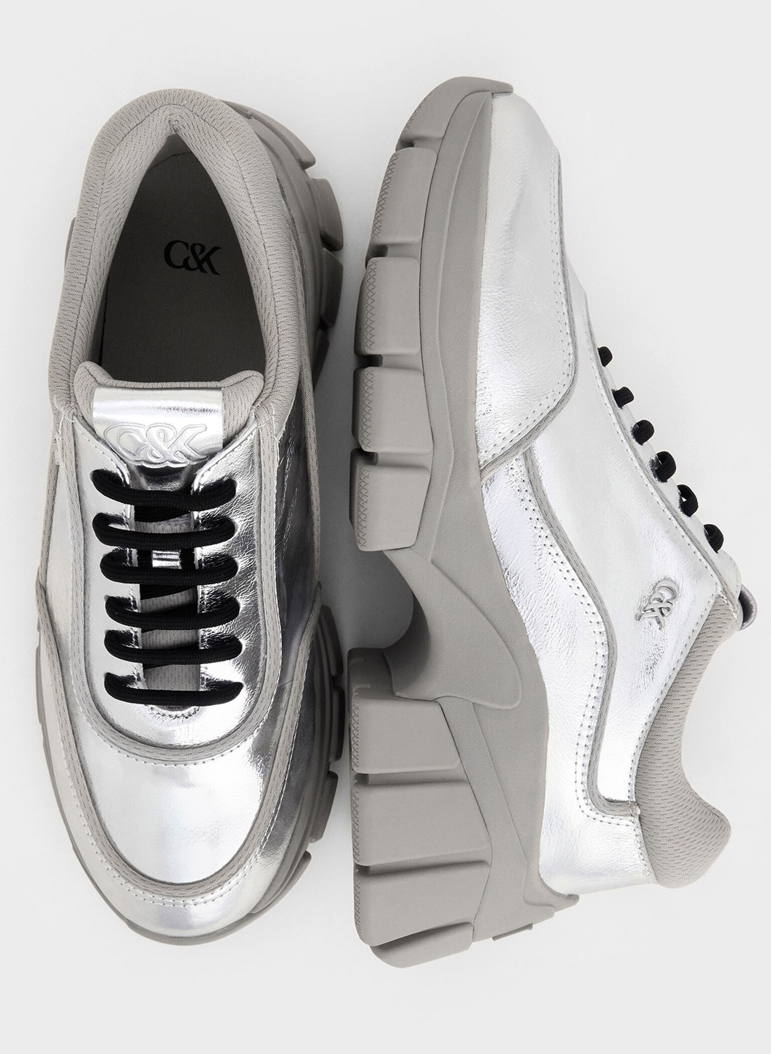 Yunna Metallic Leather & Recycled Fabric Chunky Sneakers, Silver, hi-res