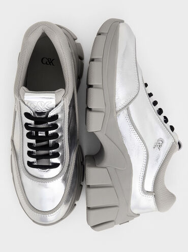 Yunna Metallic Leather & Recycled Fabric Chunky Sneakers, Silver, hi-res