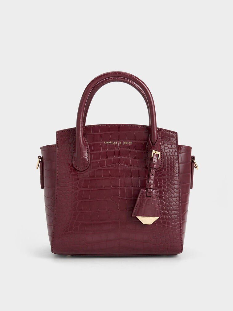 Harper Croc-Effect Structured Top Handle Bag, Burgundy, hi-res