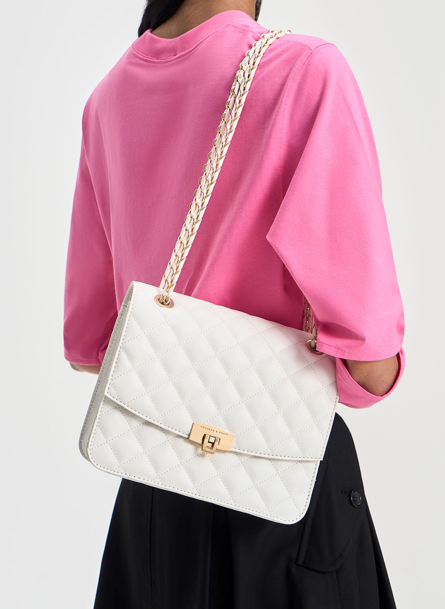 Quilted Chain Strap Bag, White, hi-res