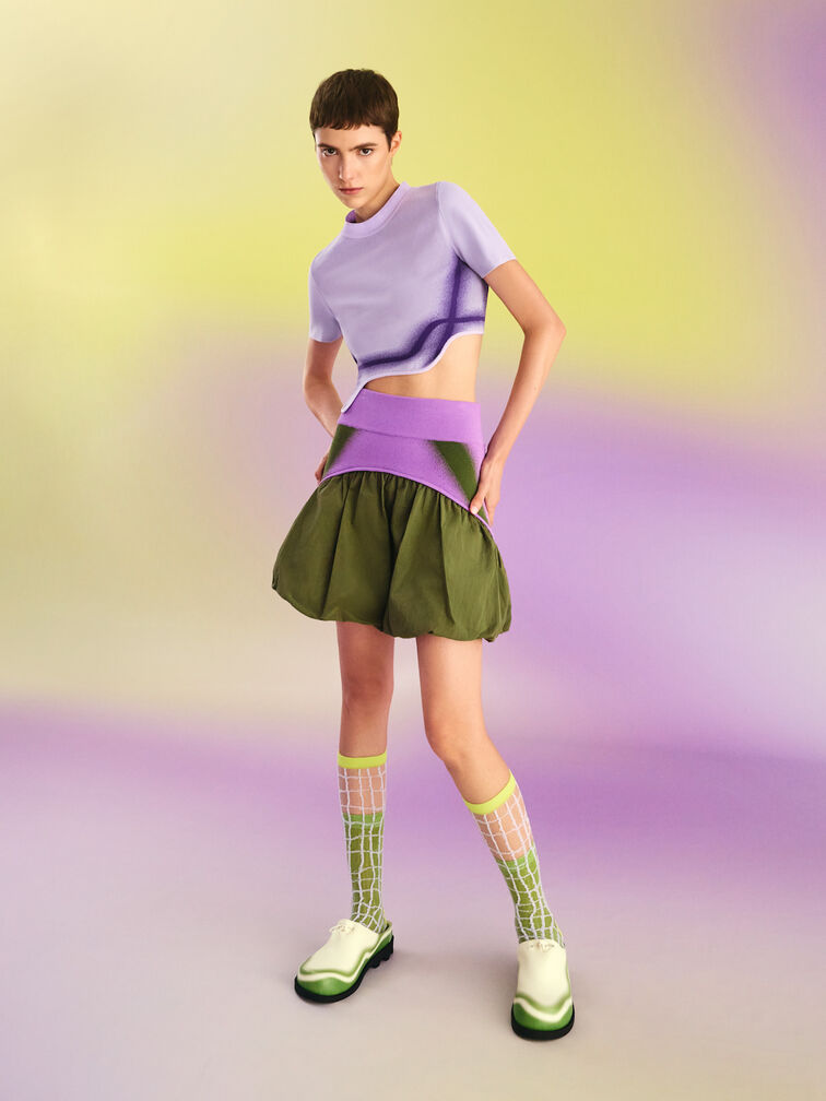 Recycled Polyester Knitted Gradient Wave-Hem Crop Top, Lilac, hi-res