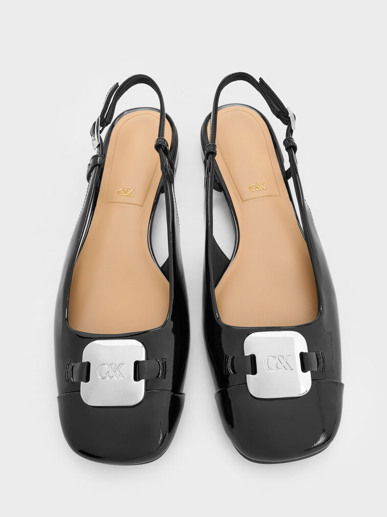 Patent Leather Metallic-Accent Slingback Flats, Black Patent, hi-res