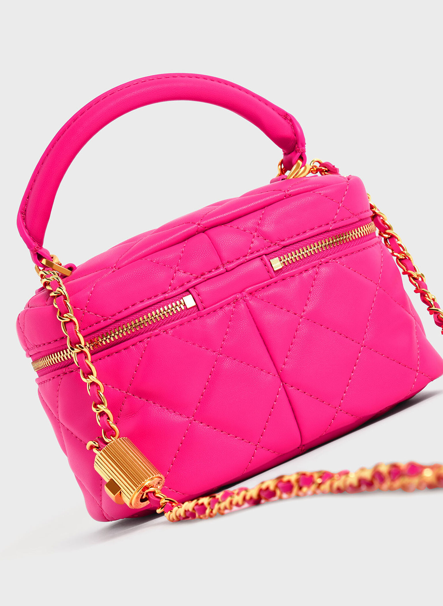 Quilted Two-Way Zip Mini Bag, Fuchsia, hi-res
