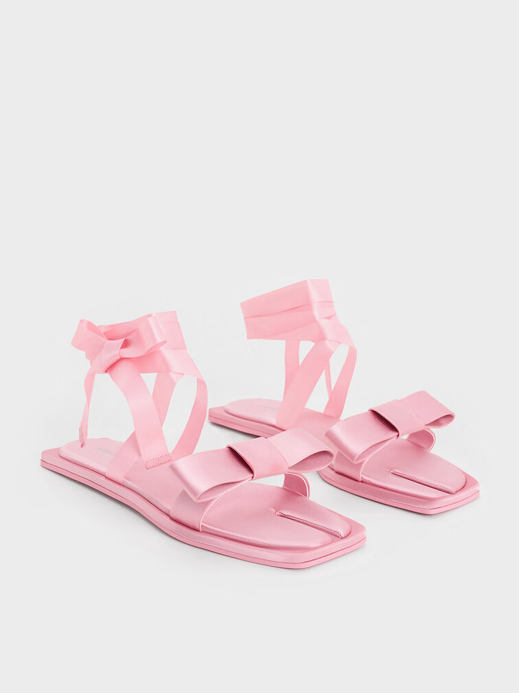 Satin Bow Tie-Around Flat Sandals, Pink, hi-res