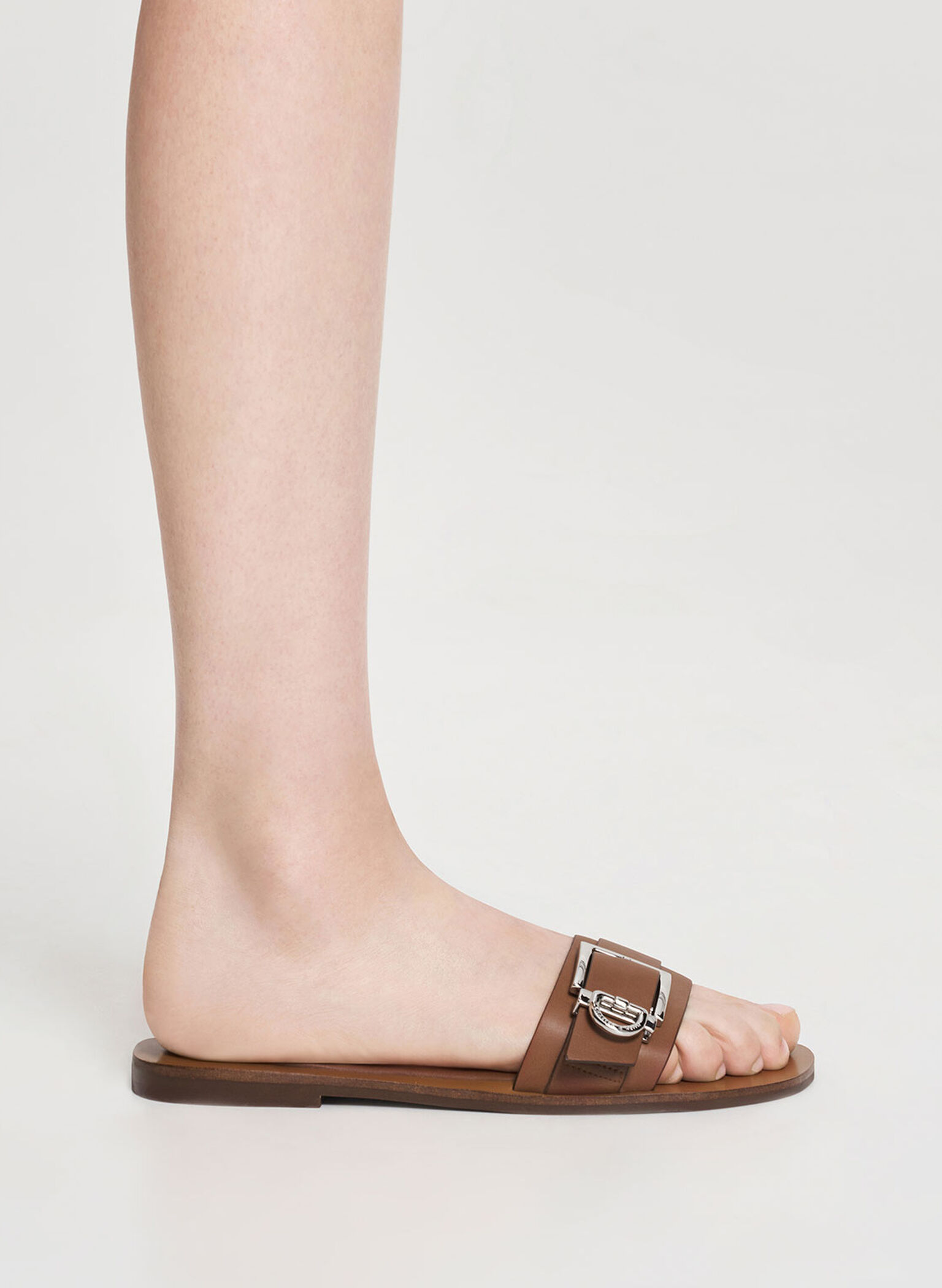 Metallic Buckle Slides, Brown, hi-res
