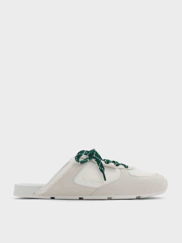 Mesh Patterned-Lace Slip-On Sneakers, White, hi-res