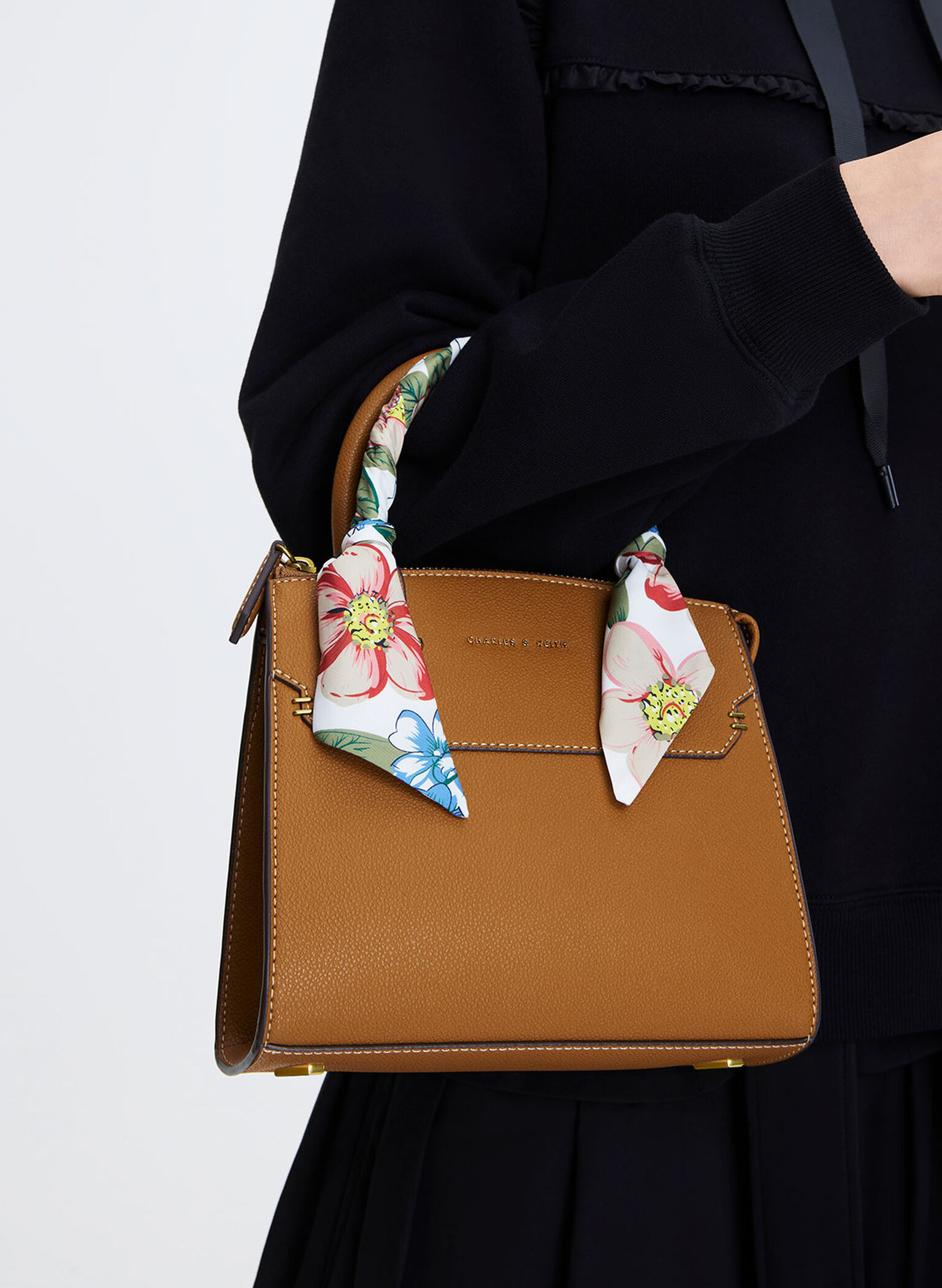 Scarf-Wrapped Top Handle Bag, Camel, hi-res