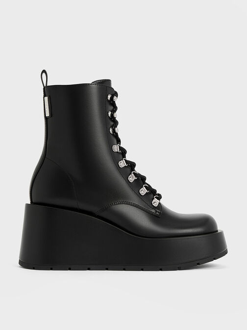 Lace-Up Platform Wedge Ankle Boots, Black, hi-res
