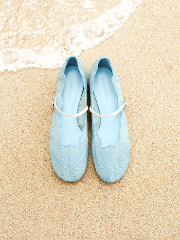 Crochet Floral Mary Jane Flats, Blue, hi-res