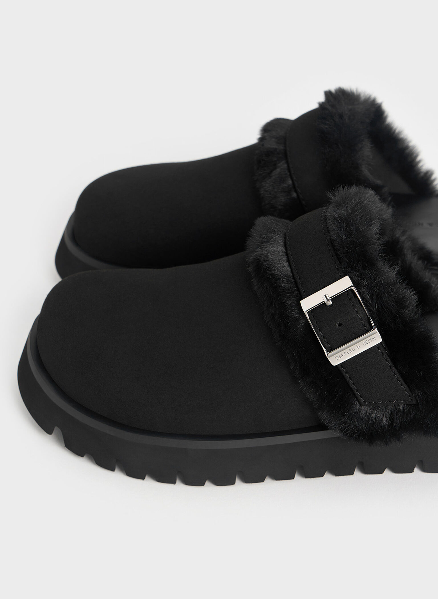Hannah Textured Fur-Trim Buckled Mules, Black, hi-res