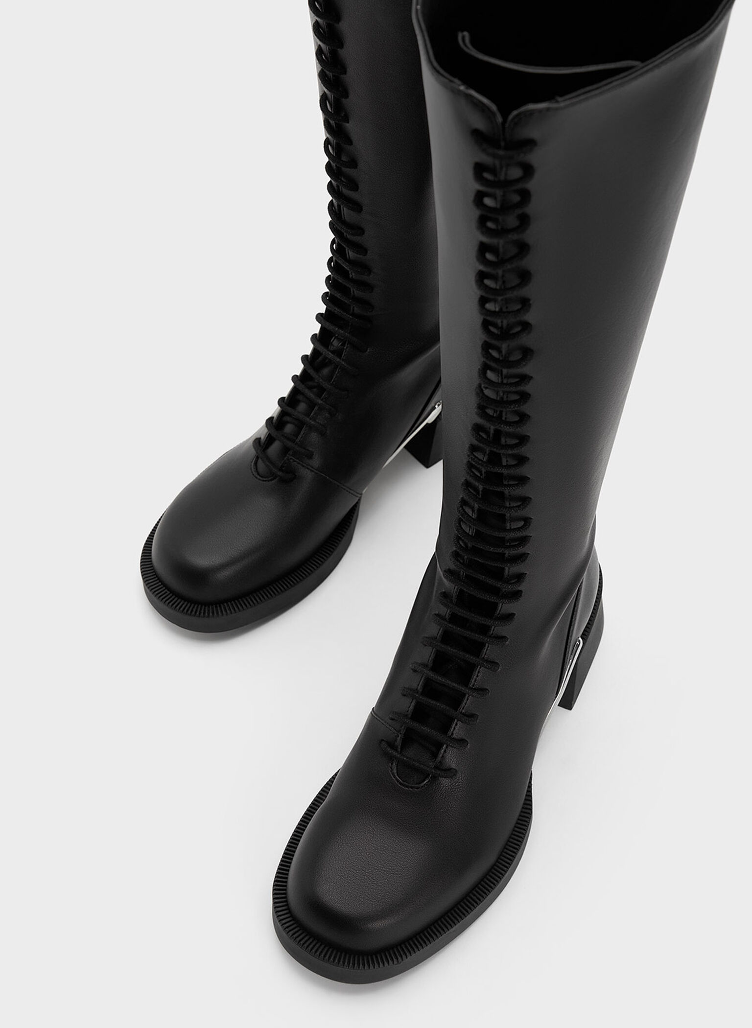 Devon Metallic-Accent Lace-Up Knee-High Boots, Black, hi-res