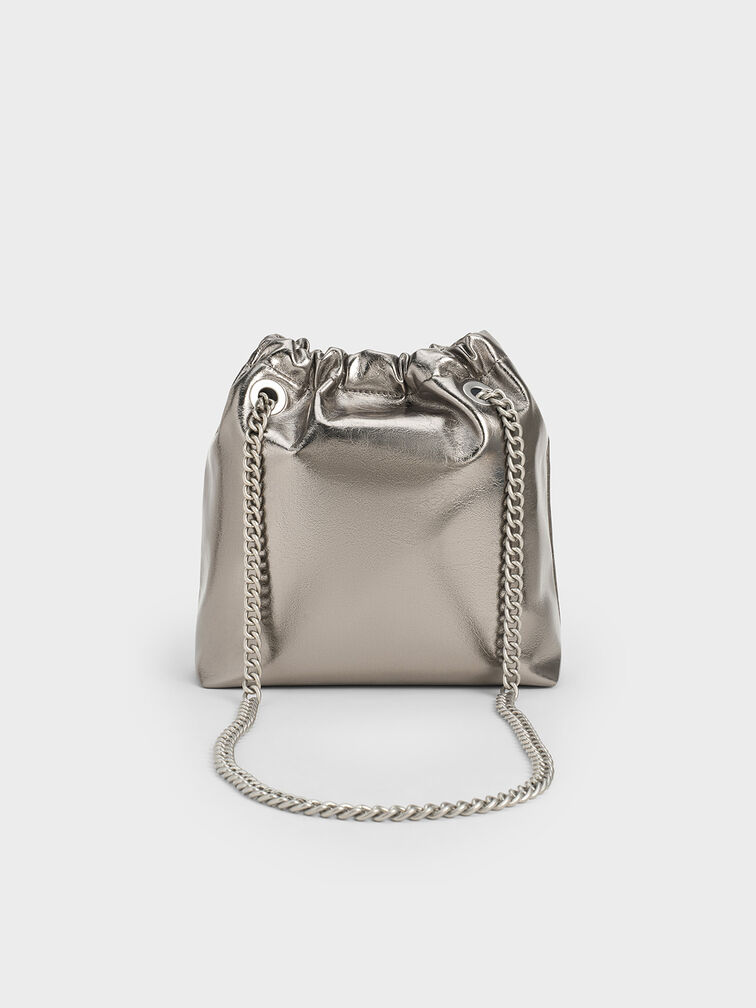 Caia Metallic Chain-Handle Tote Bag, Pewter, hi-res