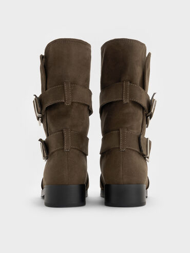 Brett Faux Suede Buckle-Strap Calf Boots, Dark Brown Textured, hi-res