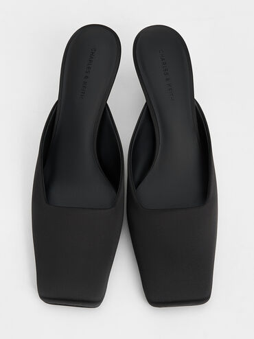 Satin Square-Toe Blade-Heel Mules, Black Textured, hi-res