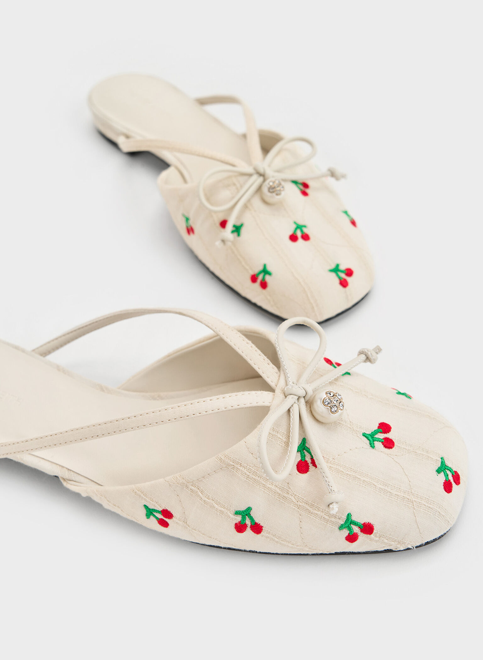 Cherry-Print Pearl-Accent Bow Flat Mules, Multi, hi-res