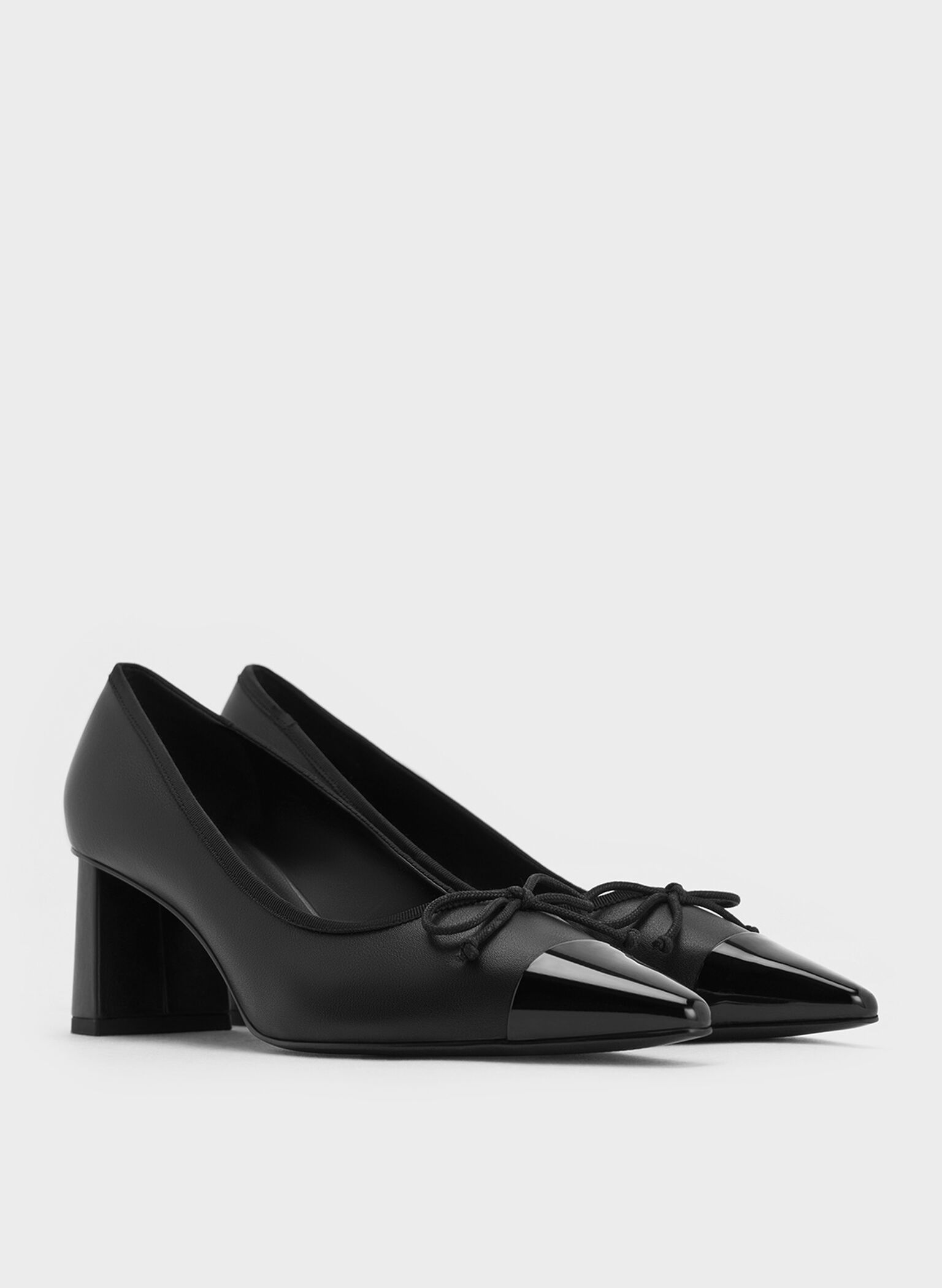 Bow Pointed Cap-Toe Pumps, Black, hi-res