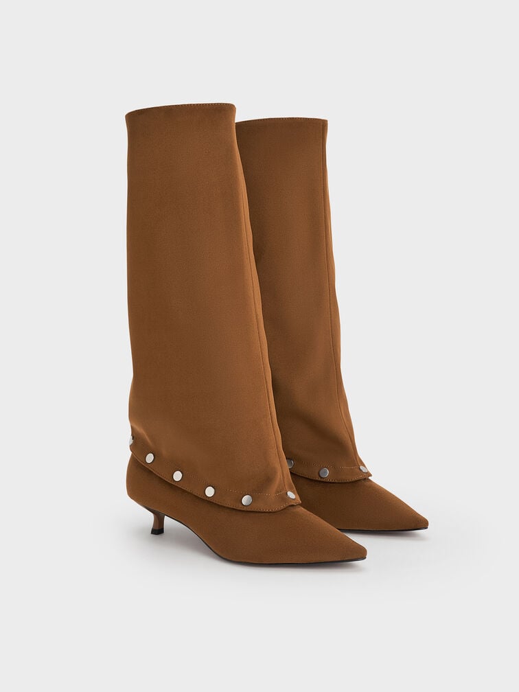 Gael Faux Suede Studded Convertible Kitten-Heel Knee-High Boots, Brown, hi-res
