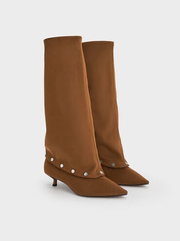 Gael Faux Suede Studded Convertible Kitten-Heel Knee-High Boots, Brown, hi-res