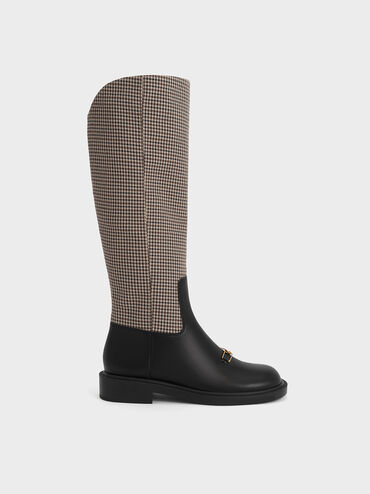 Gabine Leather Checkered Interlocking-Accent Knee-High Boots, Multi, hi-res