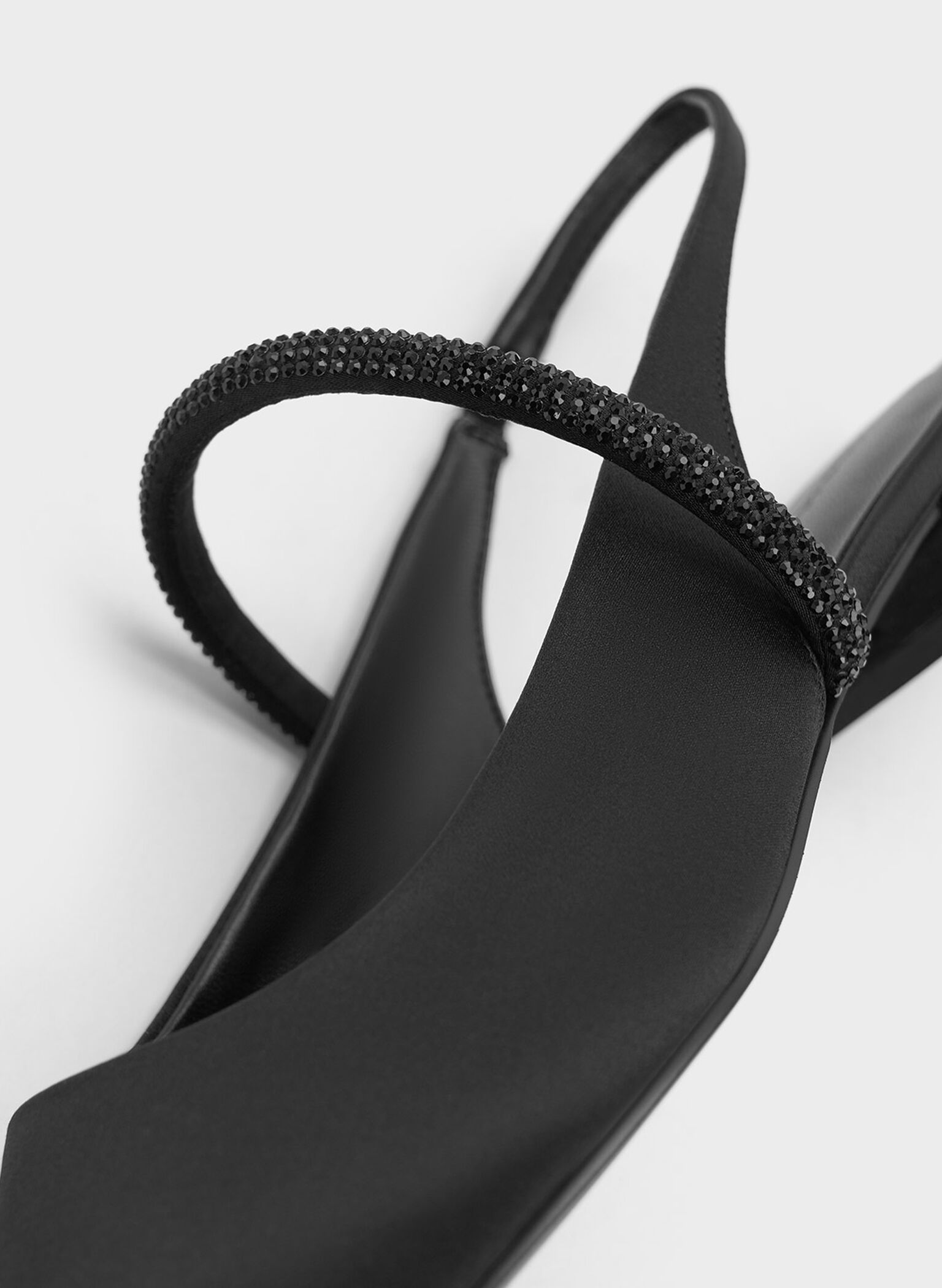 Satin Crystal-Strap Pointed-Toe Slingback Flats, Black Textured, hi-res