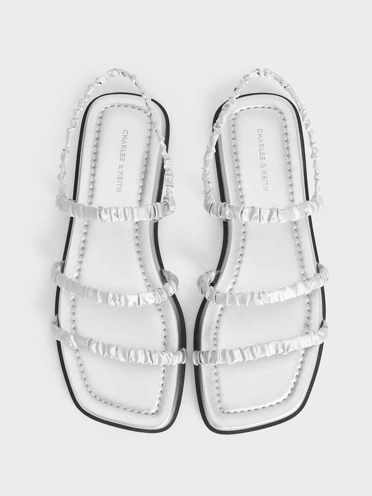 Recycled Polyester Ruched Strappy Sandals, Silver, hi-res
