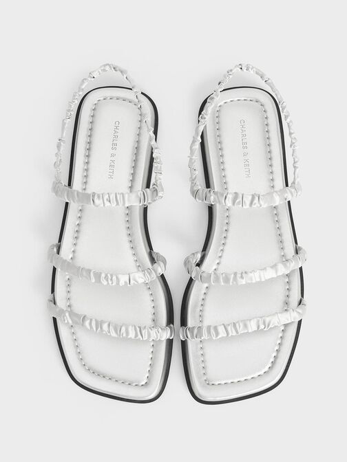 Recycled Polyester Ruched Strappy Sandals, Silver, hi-res