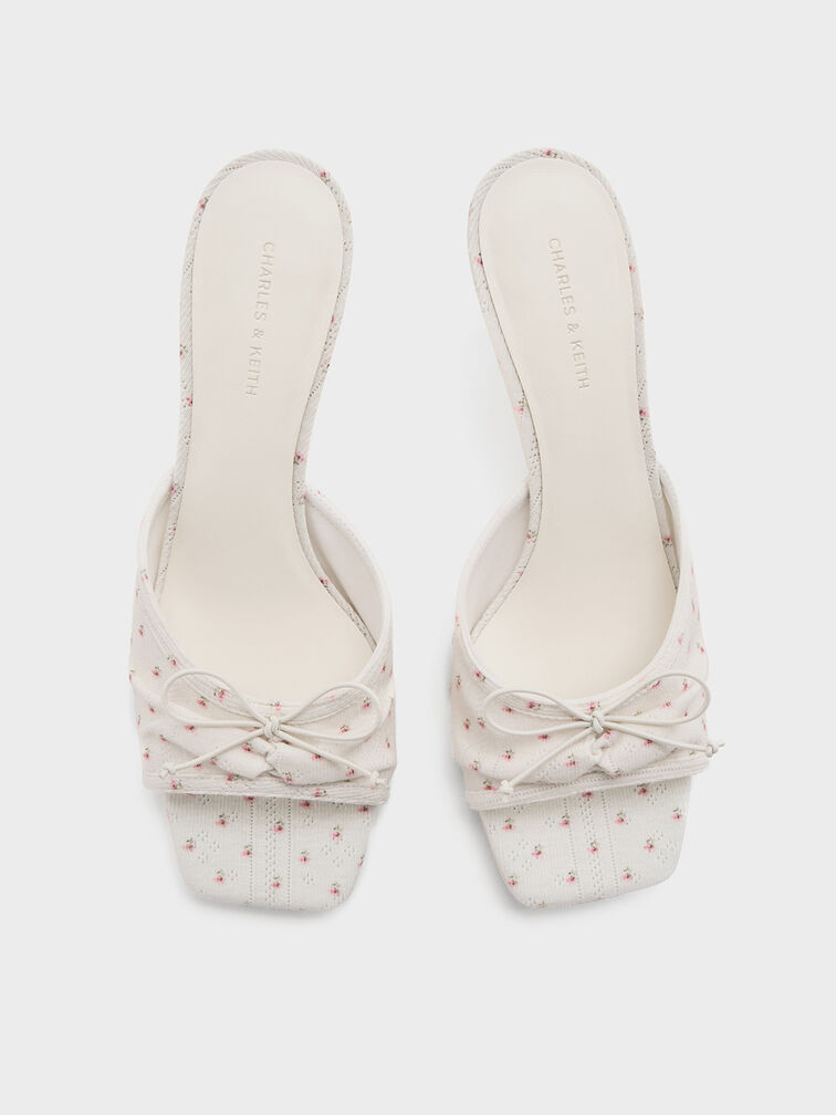 Floral-Print Ruched Bow Heeled Mules, Multi, hi-res