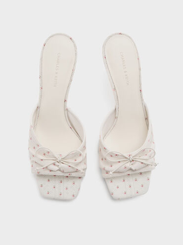 Floral-Print Ruched Bow Heeled Mules, Multi, hi-res
