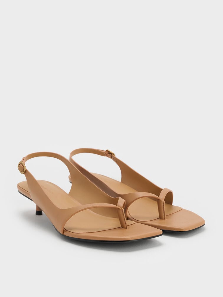 Rayne Square-Toe Kitten-Heel Thong Slingback Sandals, Cognac, hi-res