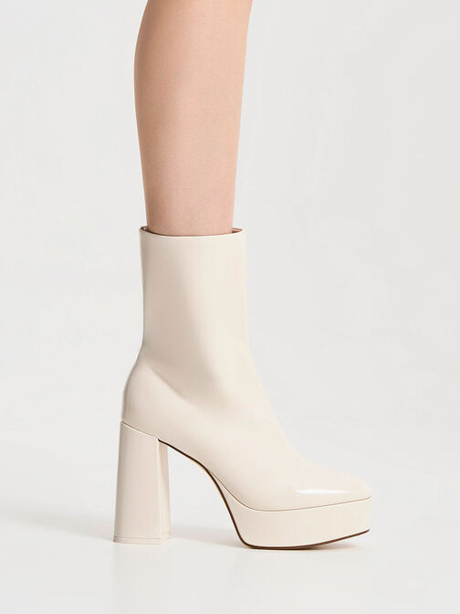 Patent Platform Side-Zip Ankle Boots, Beige, hi-res