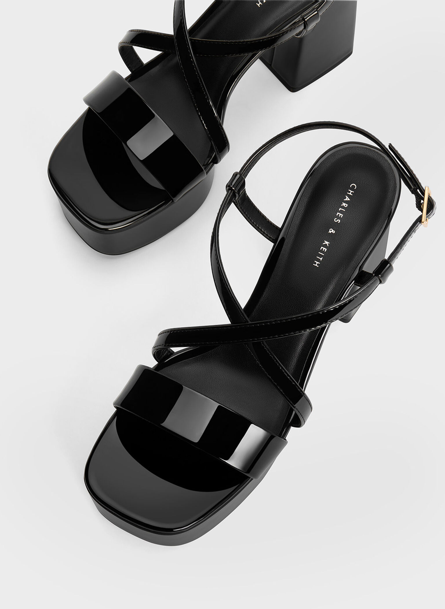 Patent Crossover Strap Platform Sandals, Black Patent, hi-res