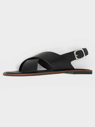 Crossover-Strap Slingback Sandals, Black, hi-res