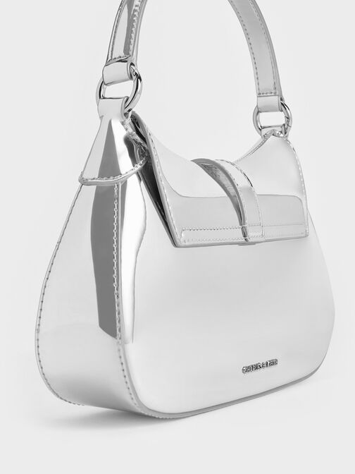 Agatha Metallic Chain-Accent Hobo Bag, Silver, hi-res