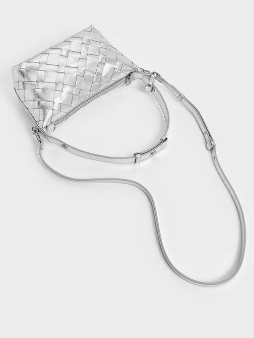 Ivette Metallic Woven Shoulder Bag, Silver, hi-res