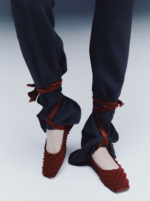 Spike Textured Tie-Around Ballet Flats, Red, hi-res