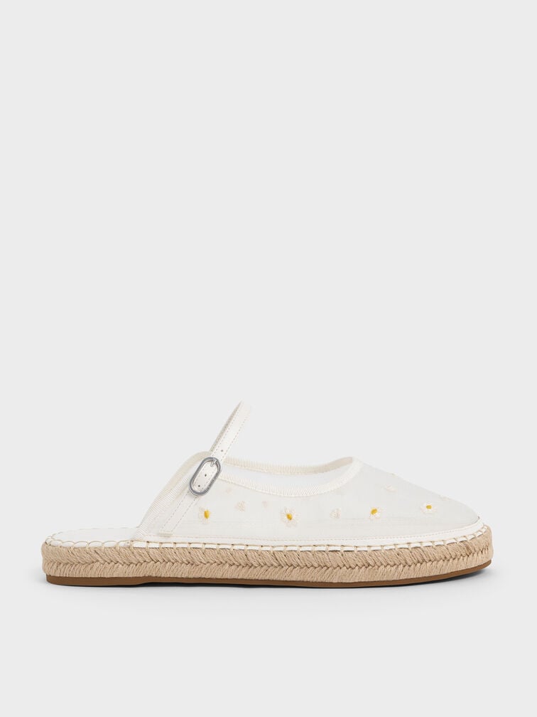 Mesh Embroidered-Flower Slip-On Mary Jane Espadrilles, White, hi-res