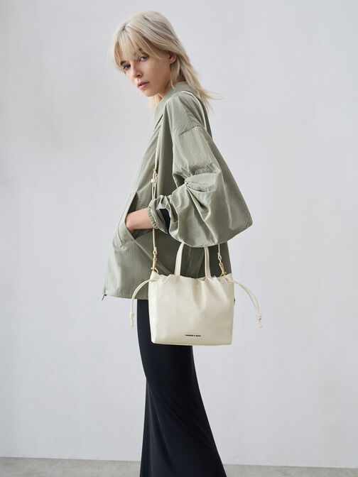 Mini Bethel Crinkle-Effect Ruched Drawstring Tote Bag, Cream, hi-res