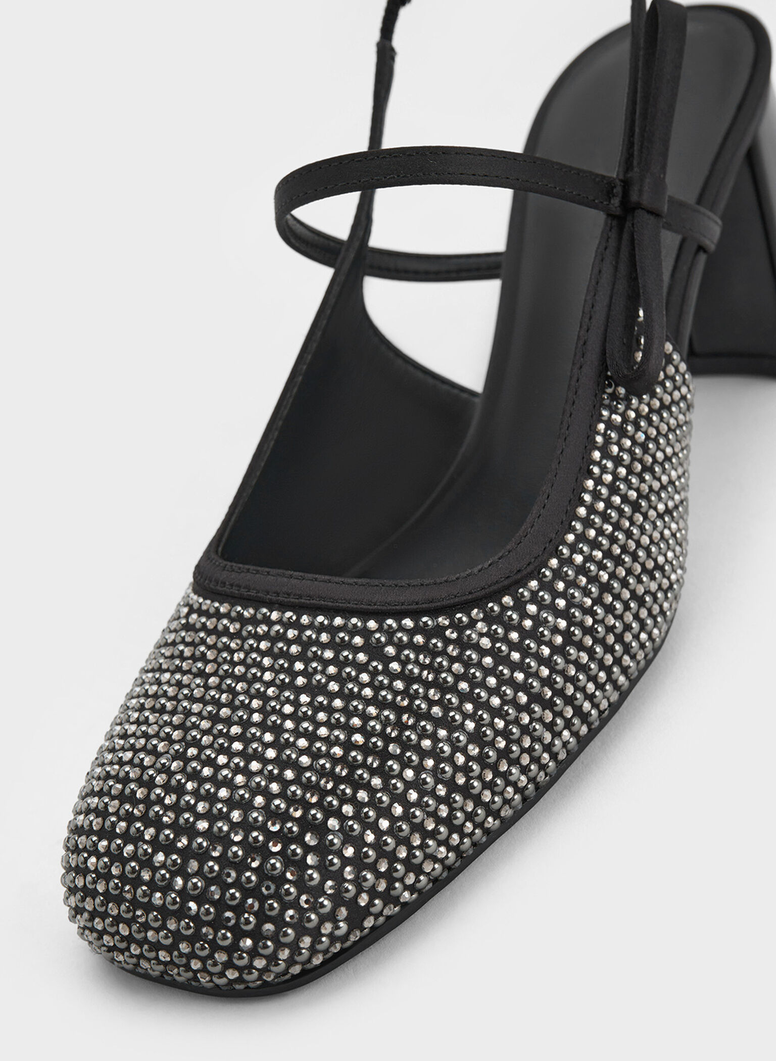 Satin Crystal-Embellished Slingback Mary Jane Pumps, Black Textured, hi-res