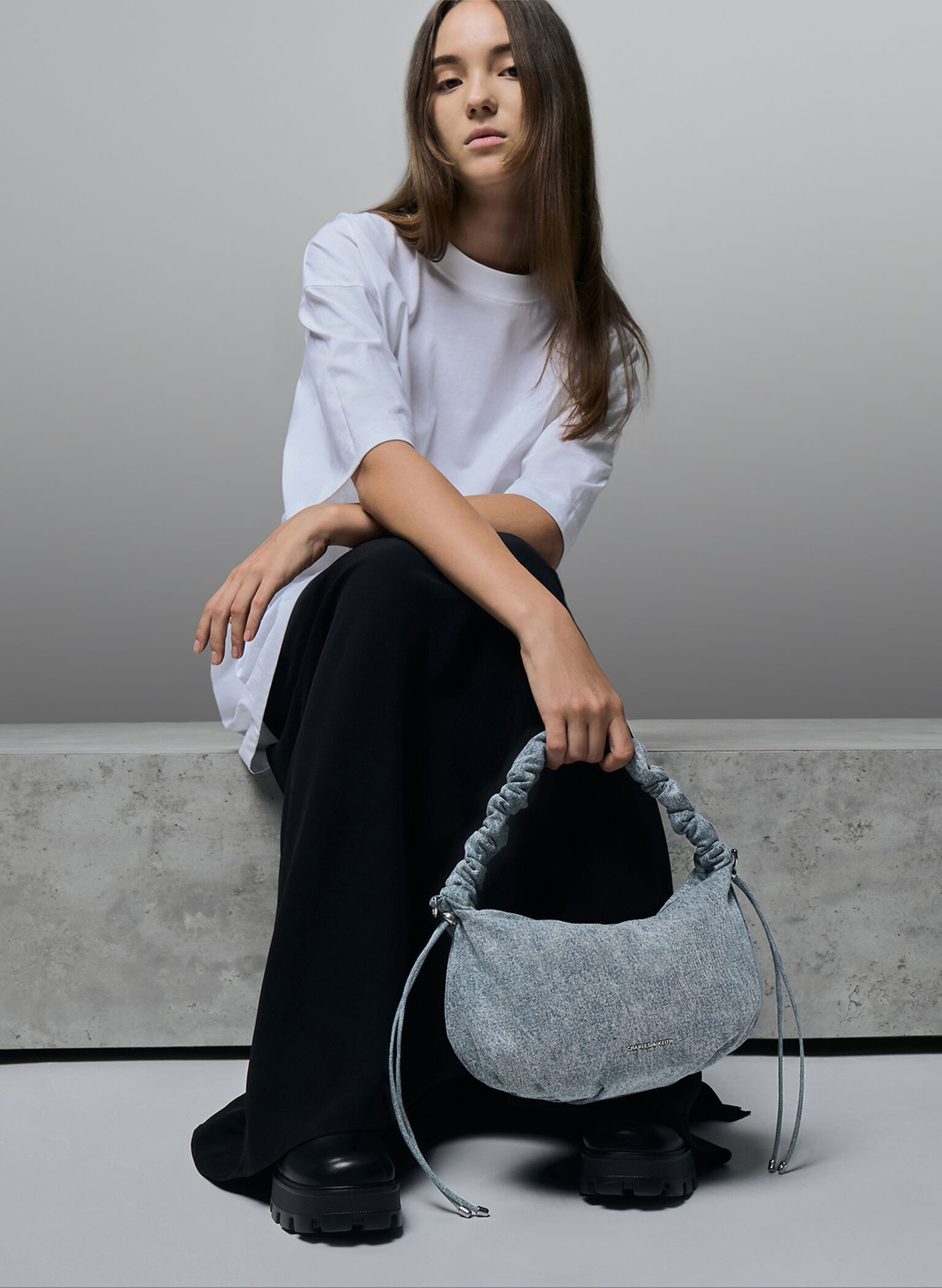 Maisy Denim Ruched-Handle Hobo Bag, Denim Blue, hi-res