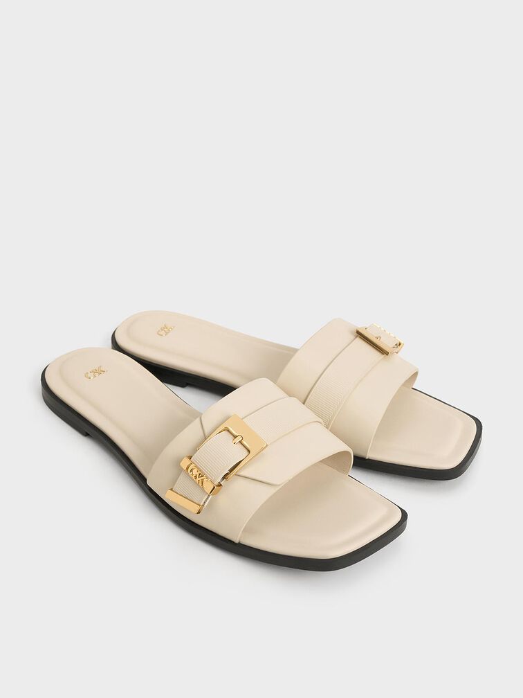 Whitney Leather Buckled Square-Toe Slide Sandals, Chalk, hi-res