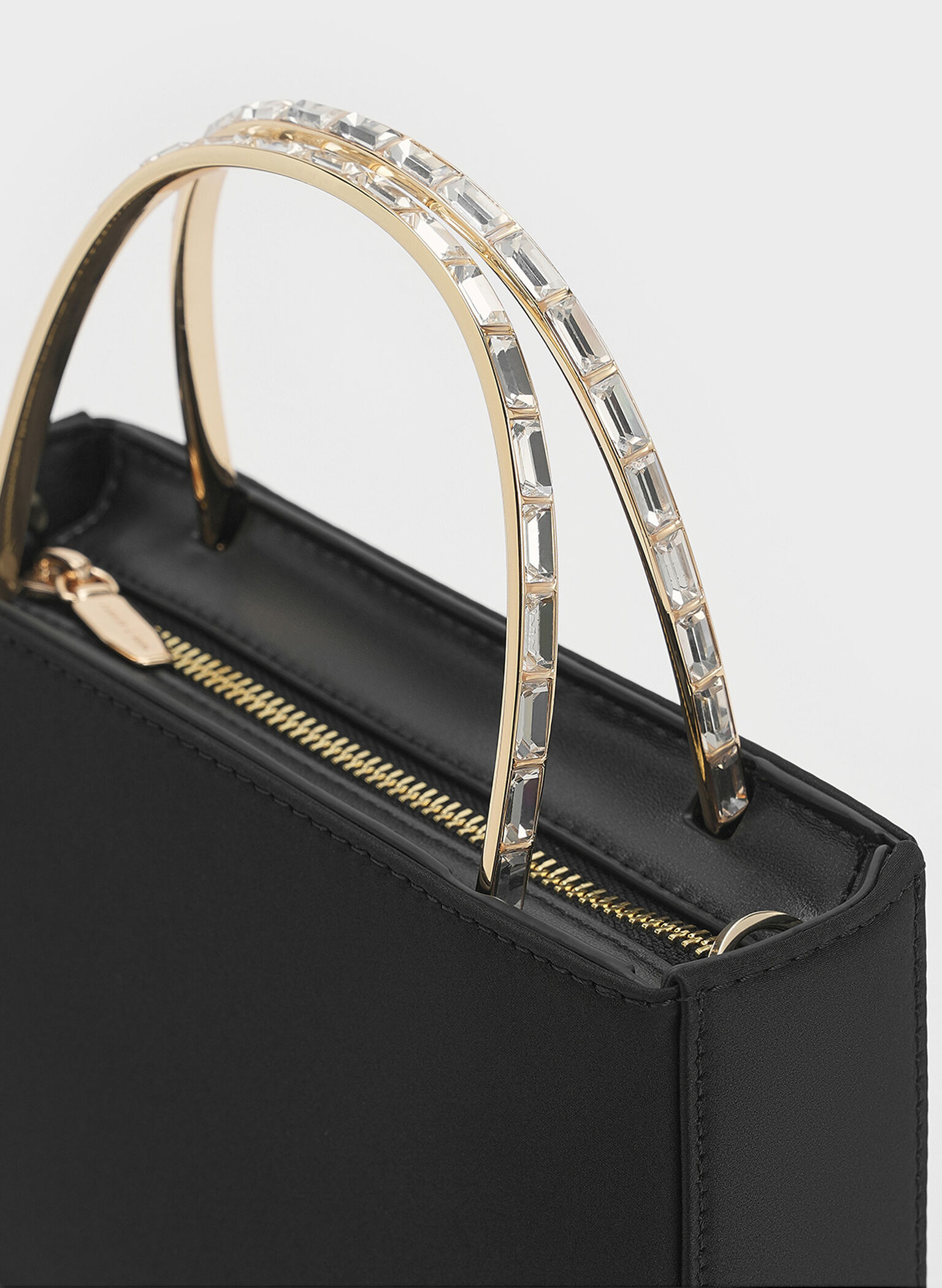 Satin Crystal-Embellished Top Handle Bag, Black, hi-res