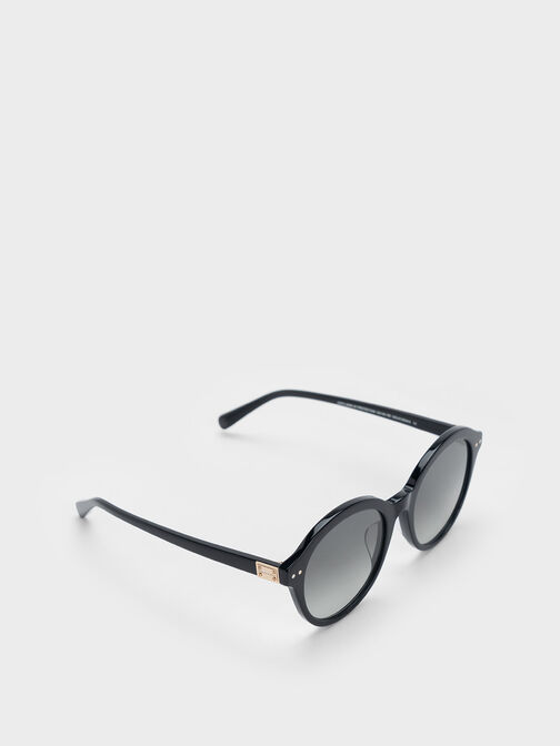 Recycled Acetate Round Cat-Eye Sunglasses, Black, hi-res