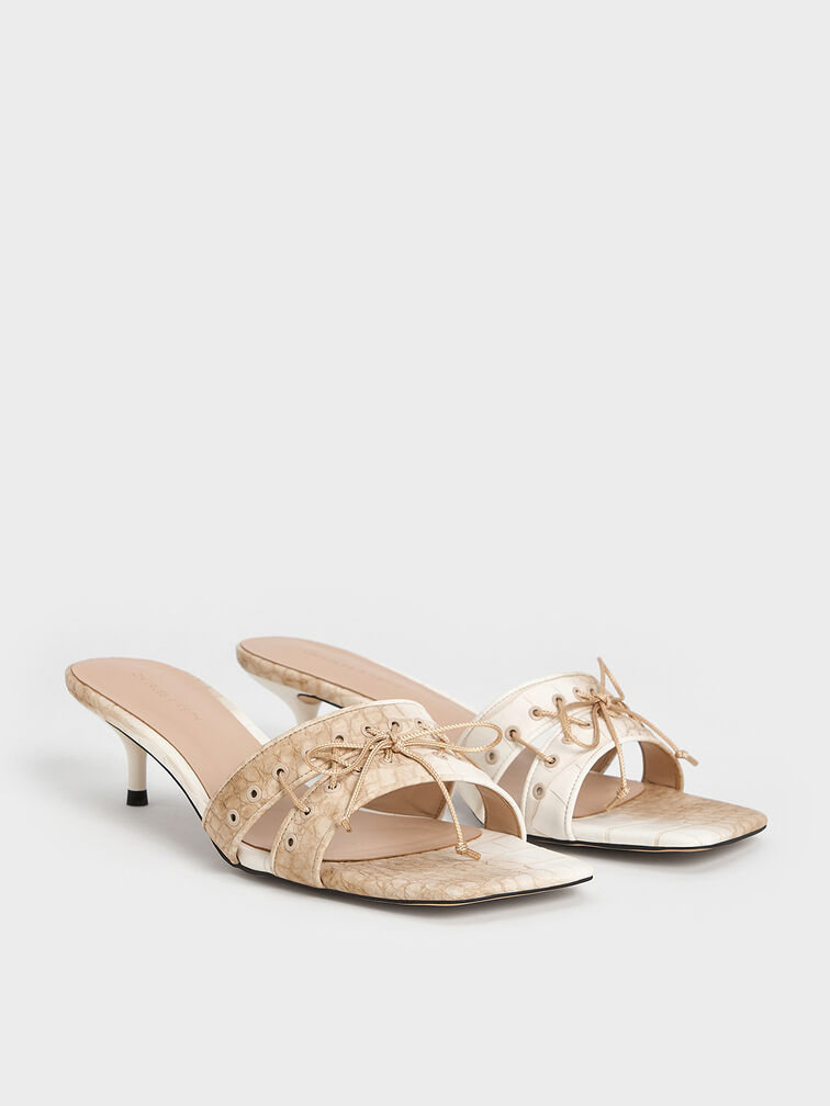 Croc-Effect Lace-Up Double-Strap Kitten-Heel Mules, Chalk, hi-res