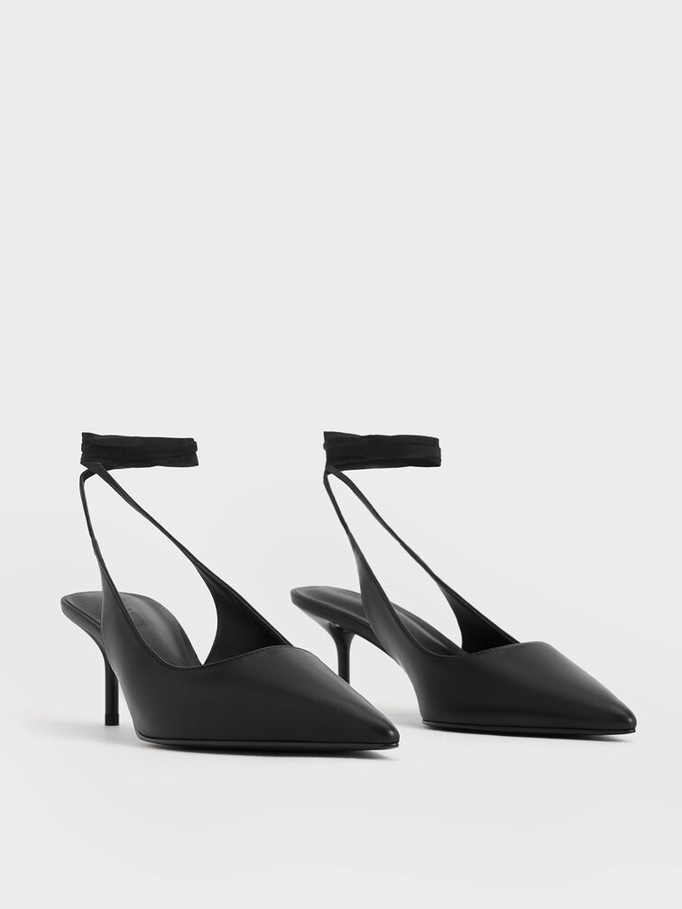 Textured Tie-Around Pointed-Toe Pumps, Black, hi-res