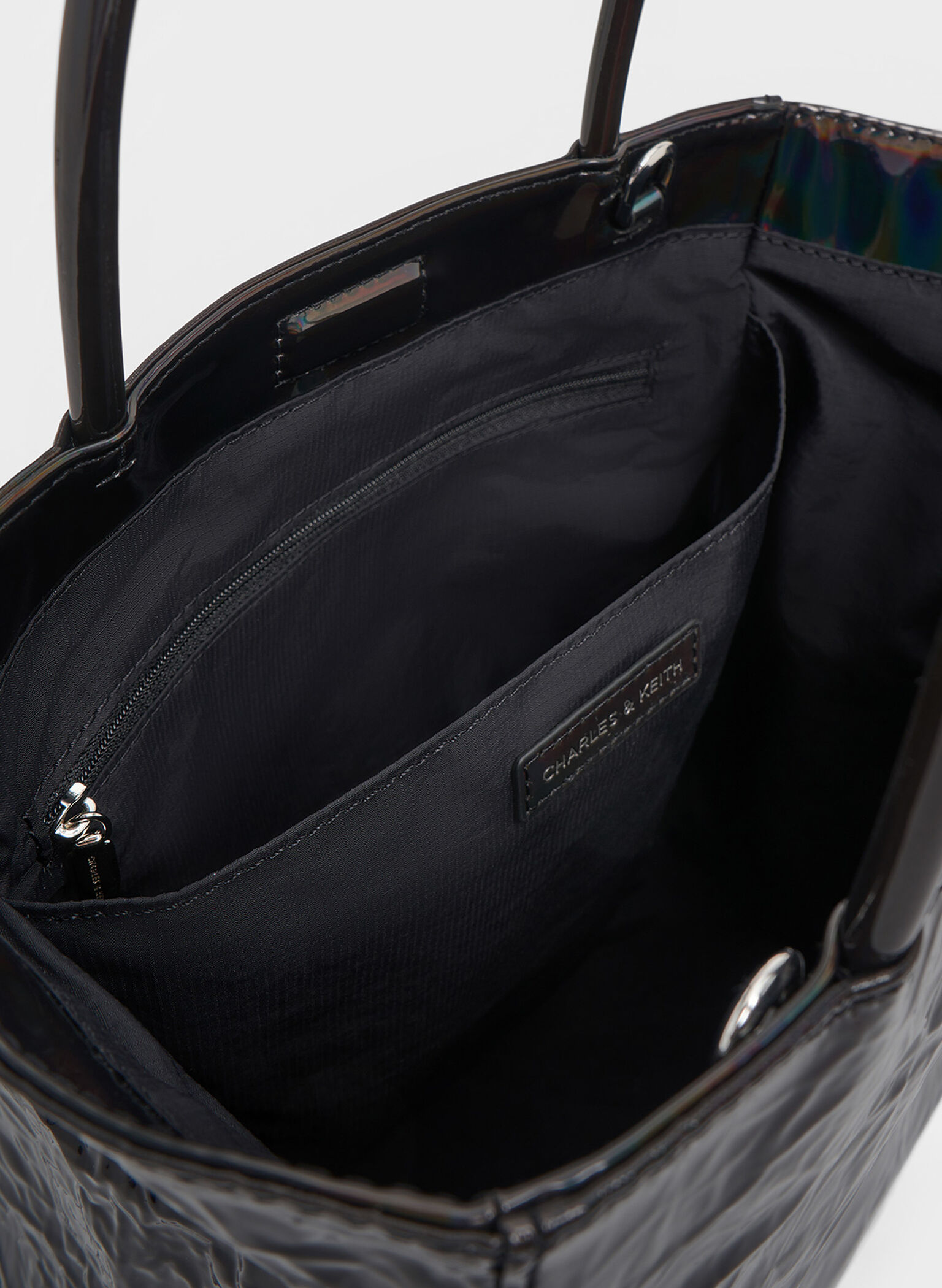 Large Matina Patent Crinkle-Effect Elongated Tote Bag, Prism Noir, hi-res