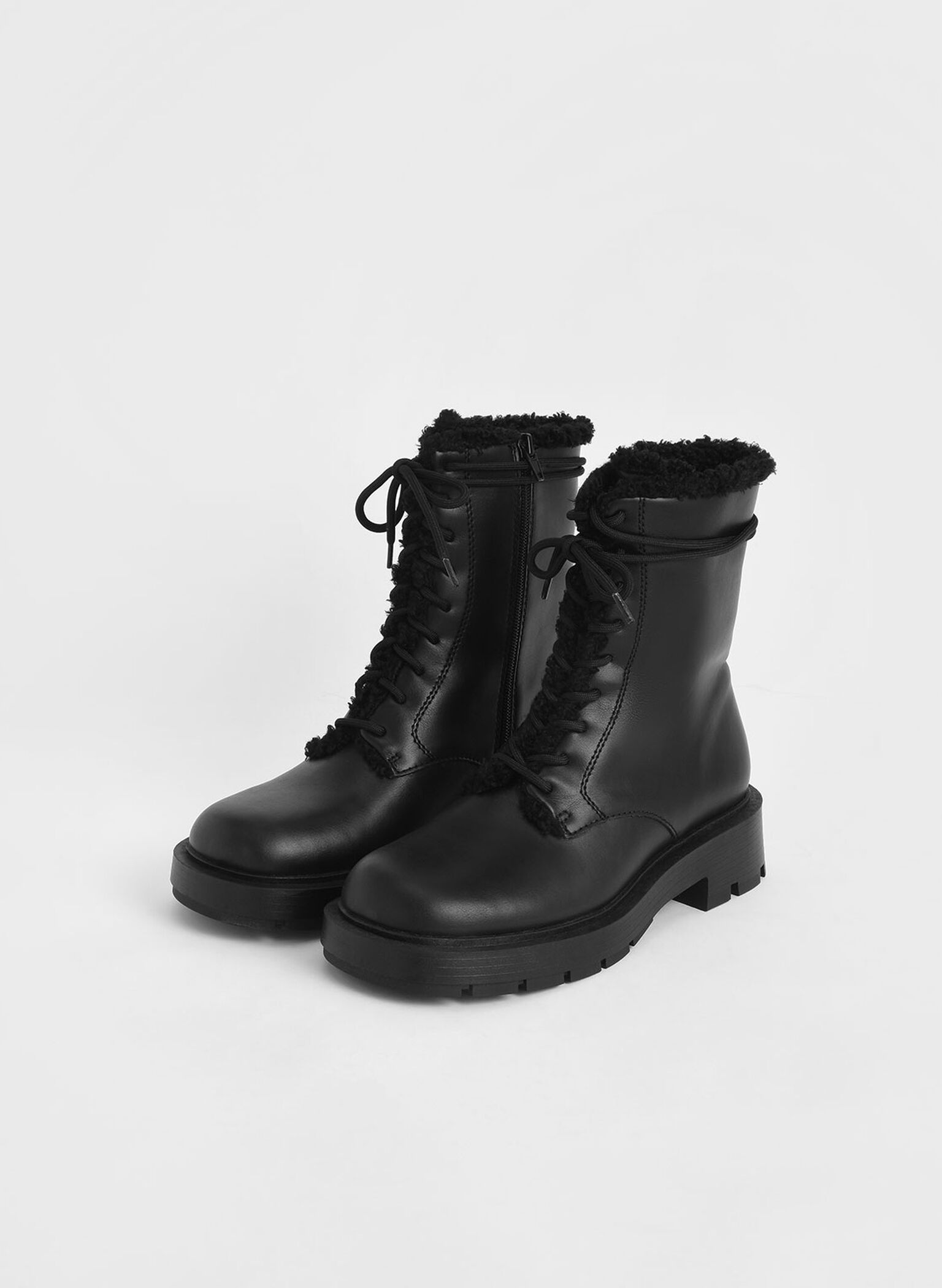 Fur-Trim Lace-Up Ankle Boots, Black, hi-res