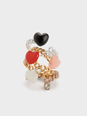 Heart Embellished Chain-Link Ring, Red, hi-res