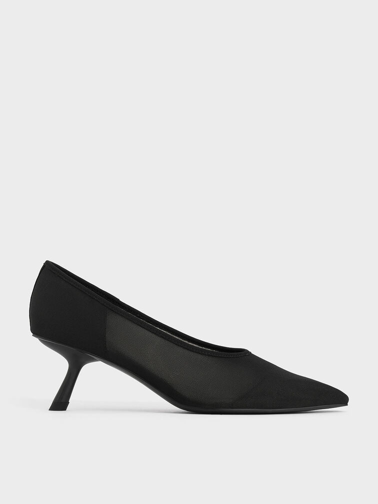 Mesh Slant-Heel Pointed-Toe Pumps, Black Textured, hi-res